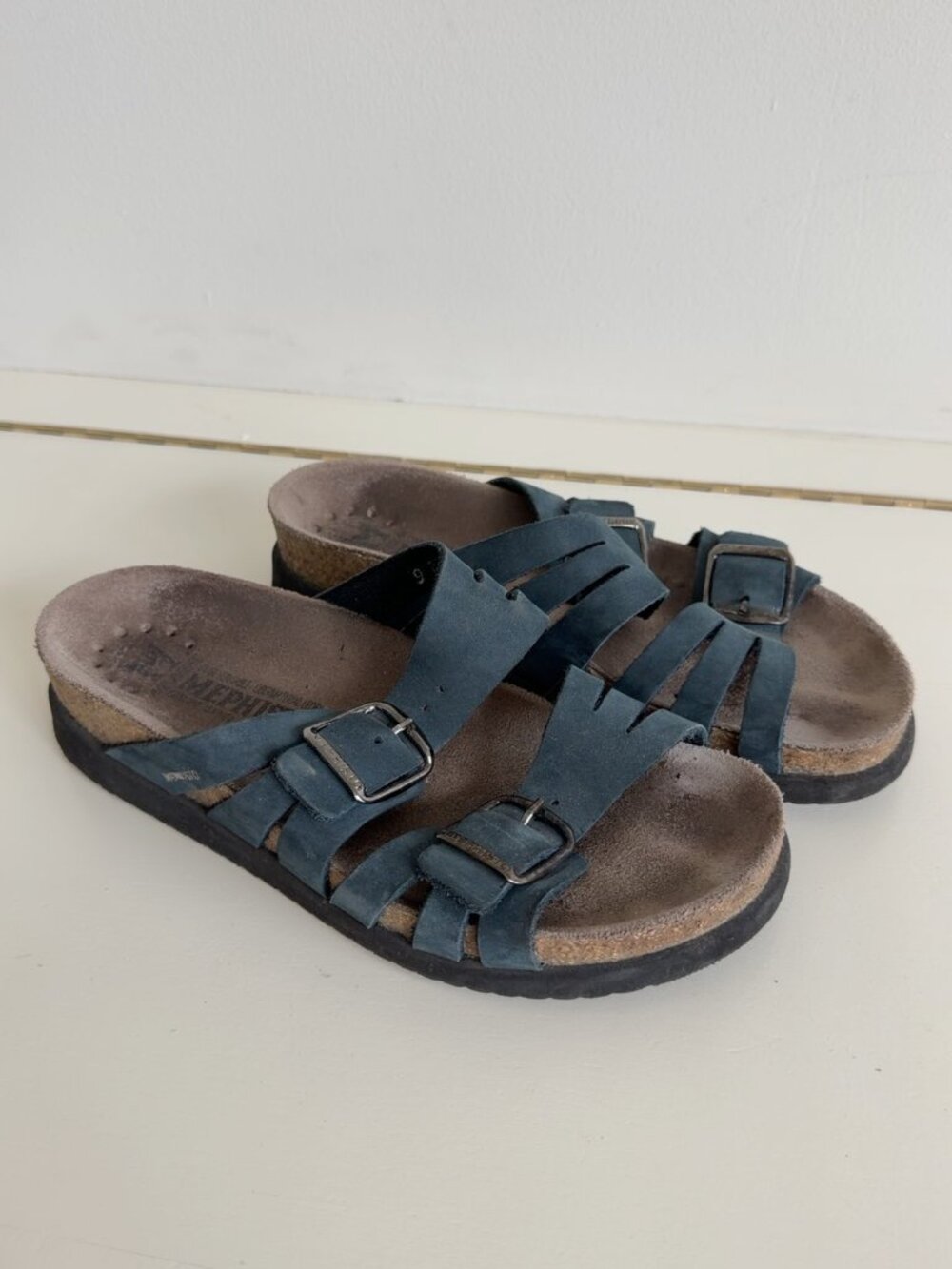 Mephisto Blue Leather Double Buckle Reflex Footbed Slide Sandals EU 35